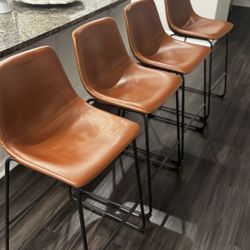 Four Gorgeous Cognac Leather Bar Stools Like New 