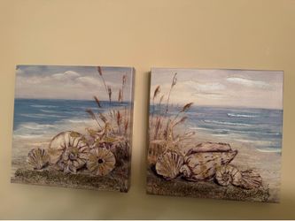 Set of 2 Textured Coastal Canvas Wall Art - Beach/Seashell Theme