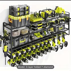 Heavy-Duty Metal Workshop Organizer - 3-Tier Wall-Mounted Tool Rack with Drill Bit Holder, Floating Shelves - Space-Saving Garage Storage Shelf - Powd