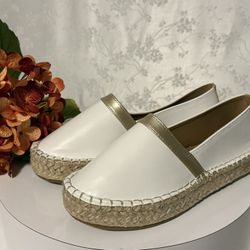 Women's white slip-on leather espadrilles with gold trim