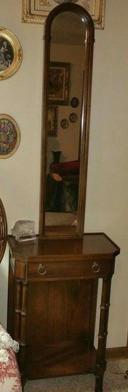 BRANDT ANTIQUE WOODEN STAND & MATCHING SKINNY WALL MIRROR
