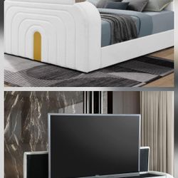 UPHOLSTERY LED FIREPLACE PLATFORM BED NEW IN BOX 