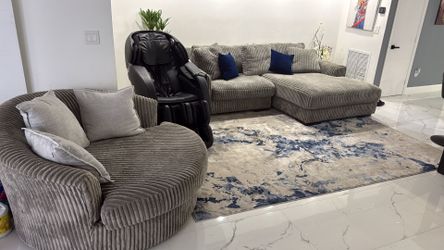Grey Corduroy Sectional Sofa and circular seat that swings