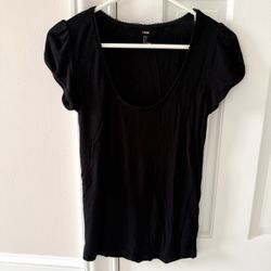 H&M Womens S Ribbed Short Sleeve Top Black Picot Trim Puff Sleeves Soft Stretch