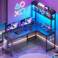 L Shaped Gaming Desk, Reversible 45.3” Small Corner Desk with Power Outlet and LED Lights, Corner Gaming Desk with Storage Shelves, Hooks f