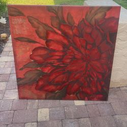 F de Villeneuve  Red Floral Painting on Stretched Canvas