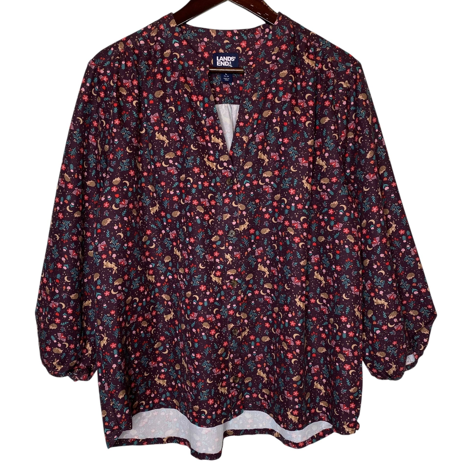 Lands’ End Women’s Woodland Creature Print Button Down Top Size Large