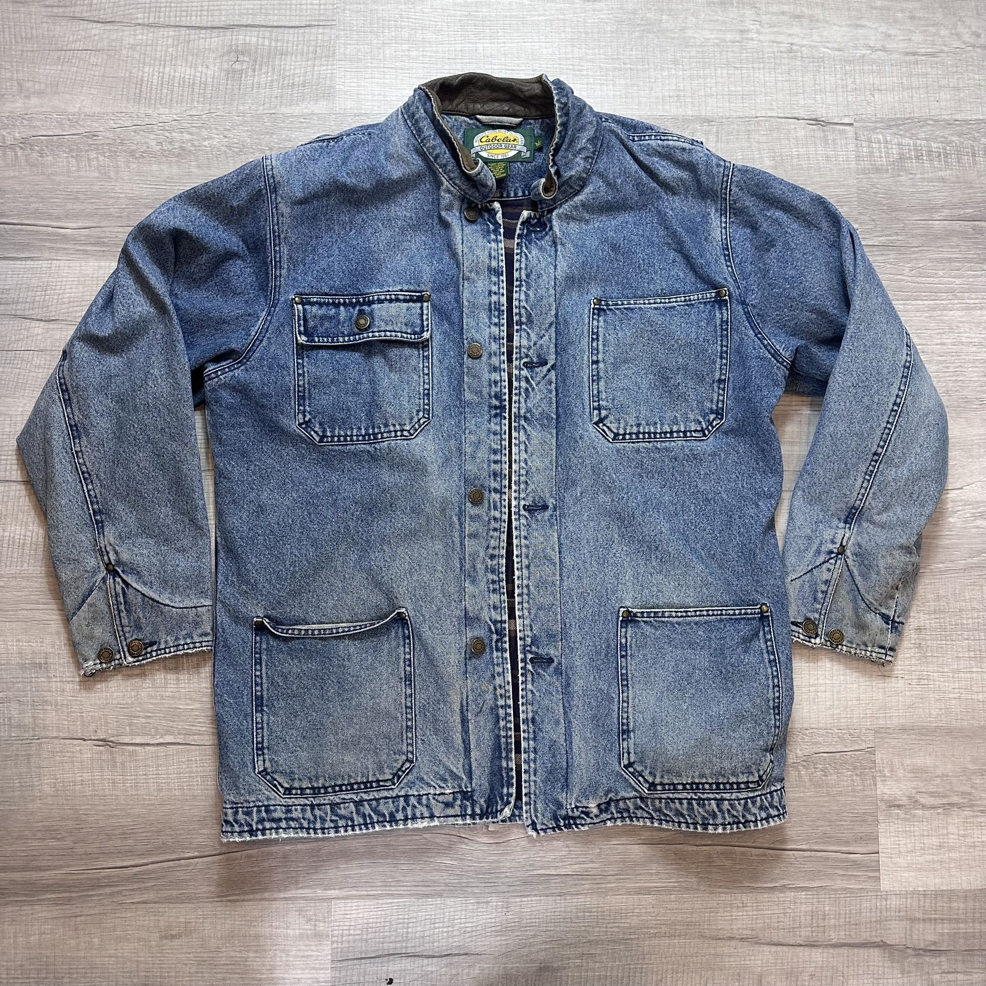 VTG Cabela's Jacket Men's Large Tall Blue Denim Chore Barn Flannel Lined Trucker