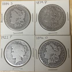 4  SILVER DOLLARS $95 - 3 MORGAN & 1  PEACE DOLLAR