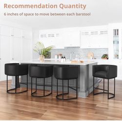 27" H Counter Height Bar Stools Set of 4, Modern Barrel Counter Stools with Backrest and Arms, Black Metal Frames,Faux Leather Upholstered Accent Bars