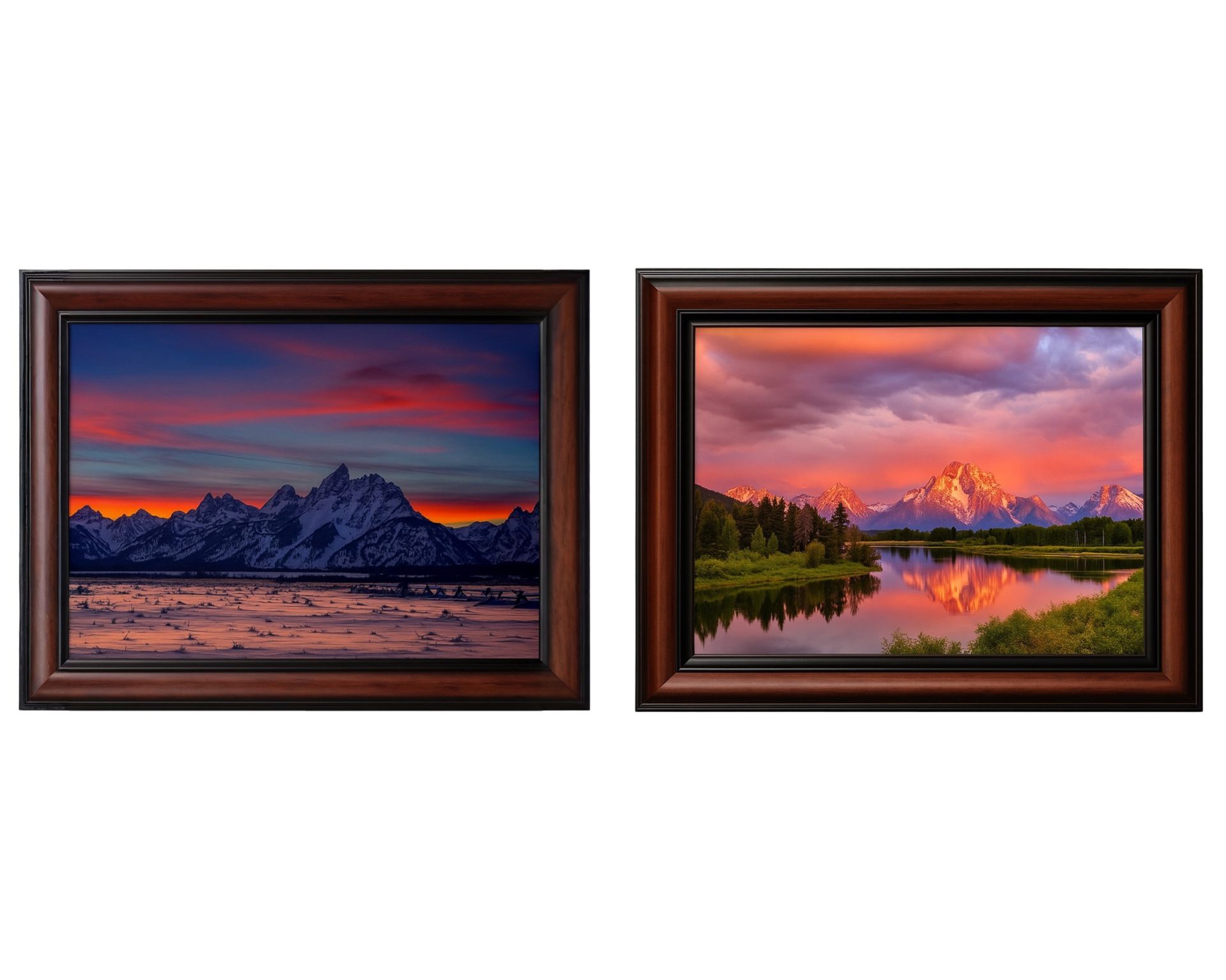 Set Of 2 Framed Grand Tetons Landscape Photo Walnut Frame Glass Protected 19x13