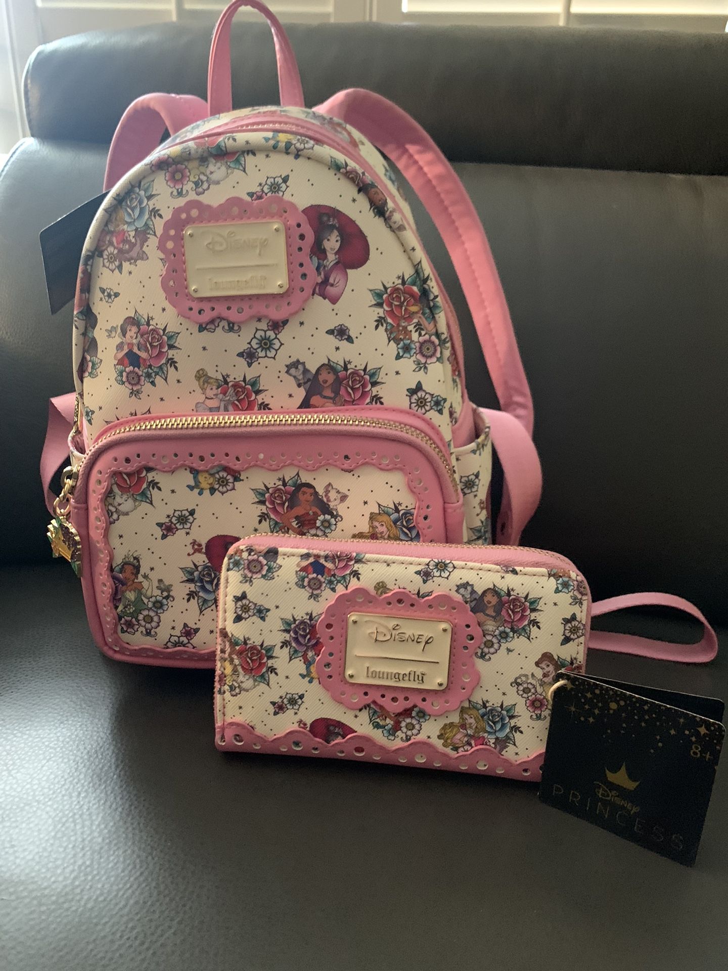 New Loungefly Disney Princess Floral Tattoo Mini Backpack And Wallet Bundle 