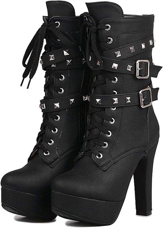 Nuoya Womens Black Ankle Buckle Studded Chunky Heel Platform Knight Boots US 7.5