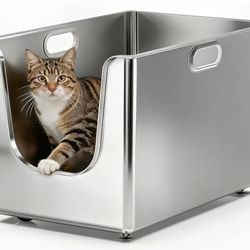 Stainless Steel Litter Box 13.7'' High Sides, XL Metal Cat Litter Box with Curved Low Entry, Cat Litter Pan for Big & Multiple Cats, Pet Toliet with H