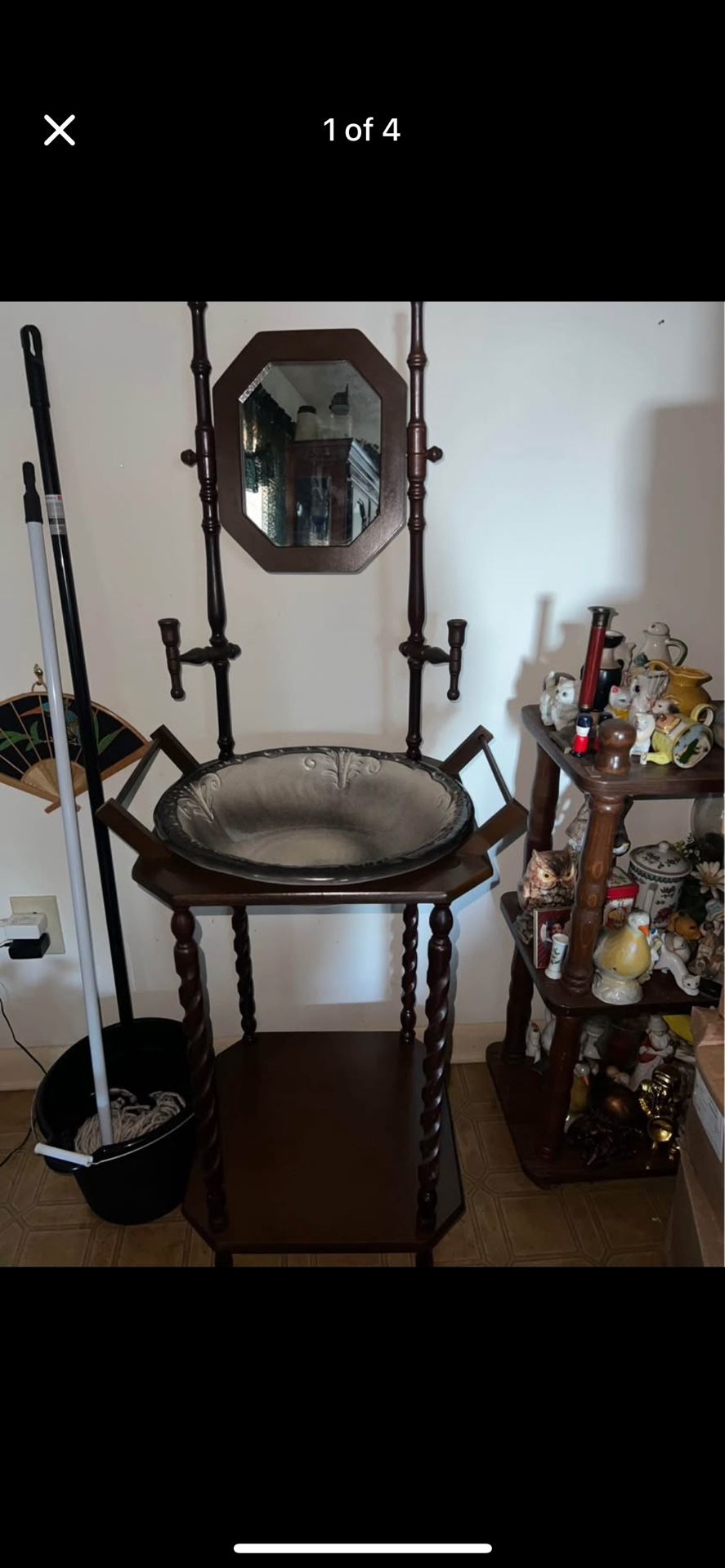 Antique Wooden Wash Stand With Original Bowl & Mirror