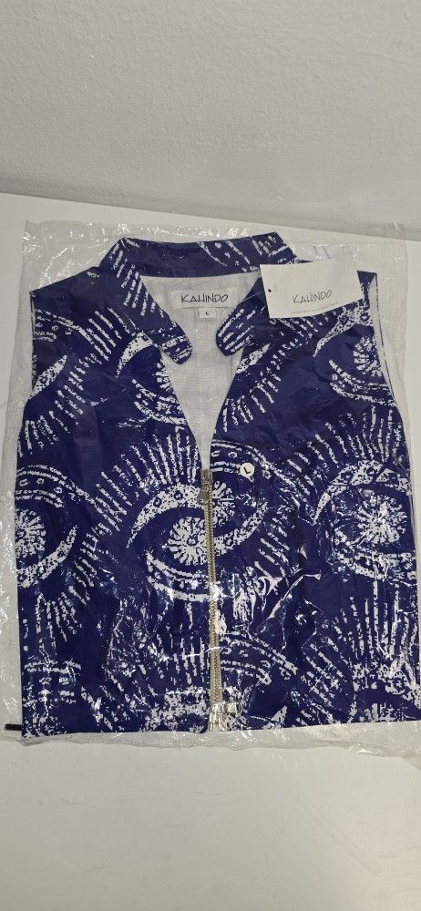 Kahindo Blue Eye Print Zip Front Vest Women’s Size L – New