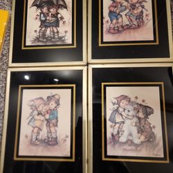 Set of 4 Hummel Framed Prints Under Glass, Brass Frame, Vintage Hummel Decor