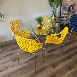 Yellow Modern Glass Dining Set For 4