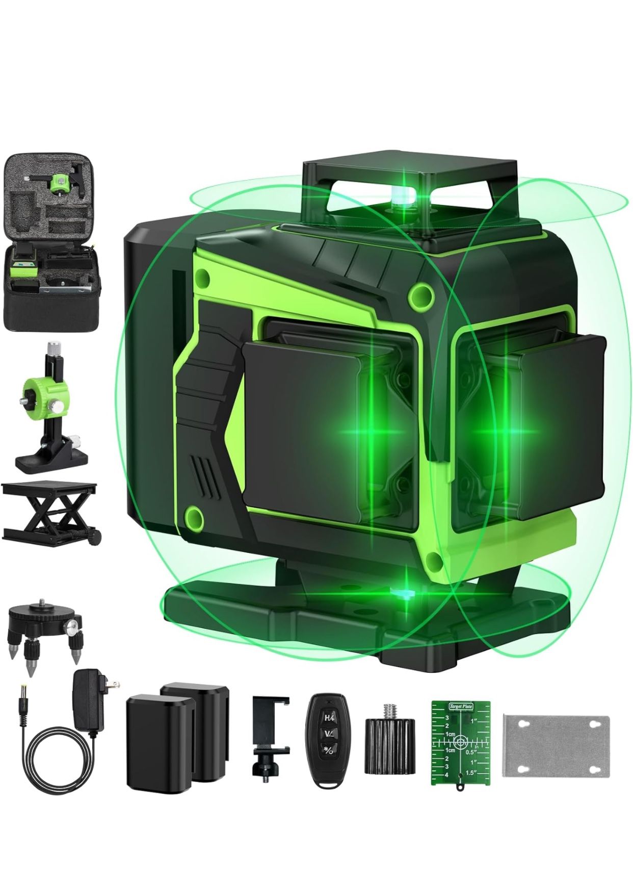 16 Lines Laser Level Self Leveling, 4x360°Professional 4D Green Cross Line laser Level for Construction and Picture Hanging with 2 Batteries, Adjustab