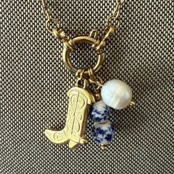Cowboy Boot Necklace Pearl Charm Pendant Gold Tone Flower Ceramic