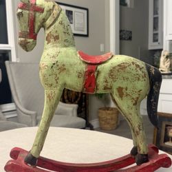 Antique Carved Wooden Rocking Horse with Distressed Green and Red Paint