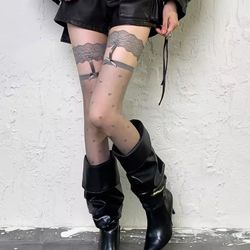 Suspender Socks Women Lace Transparent Dot Stockings Retro Hollow Pearl Light