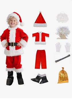 Boys 9-Pc Plush Velvet Santa Suit Set w/ Wig, Beard & Bag - Size Medium