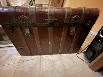 Antique Metal Steamer Trunk With Wood Trim And Leather Handles