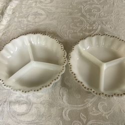 Anchor Hocking 1960’s Beaded Rim Milk Glass Dish With Dividers, Set of 2