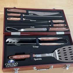 Like New Chicago Cutlery Commercial 8 Piece Barbecue Grill Tool Set With Wood Storage Case