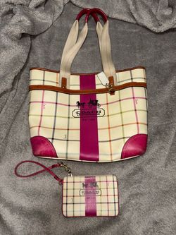Coach Women's Plaid Tote and Matching Wristlet Wallet - Pink and Cream