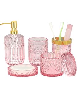 New Pink Bathroom Accessories Set, 5Pcs Clear Glass Pink Bathroom Decor with Lotion Soap Dispenser, Soap Dish, Tumbler, Cotton Swab Jar, Toothbrush Ho