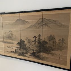 Vintage Japanese Landscape 4 Panel Silk Screen Painting Rare wall art from Japan 