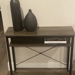 Console, Entryway/Accent Table With 2 Additional Shelves Westherwod Finish and Black Metal Accent W32.5"xD10.5"xH28"