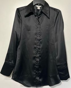 Black Satin Button-Down Long Sleeve Blouse