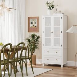 Assembled Kitchen Pantry Storage Cabinet, Tall Cabinet with Rattan Doors and 2 Drawers, Freestanding Cupboard with Adjustable Shelves, Utility Pantry 