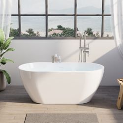 57 Glossy White Acrylic Freestanding Bathtub with Chrome Overflow and Drain, 54 Gallon