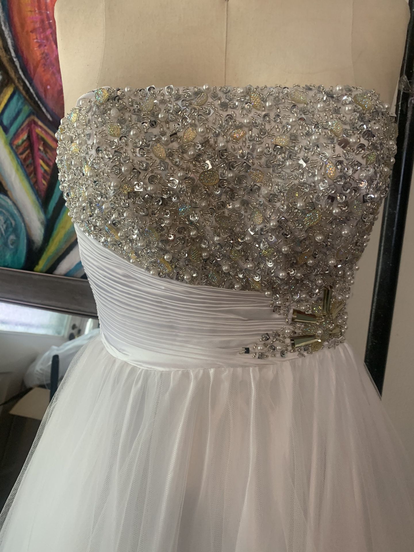 New white strapless formal gown