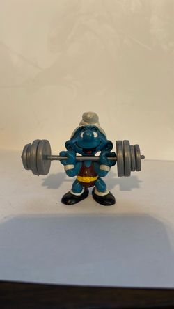 VINTAGE Hefty Smurf Figure Toy Schleich 1980s Hong Kong 40507 Weightlifter