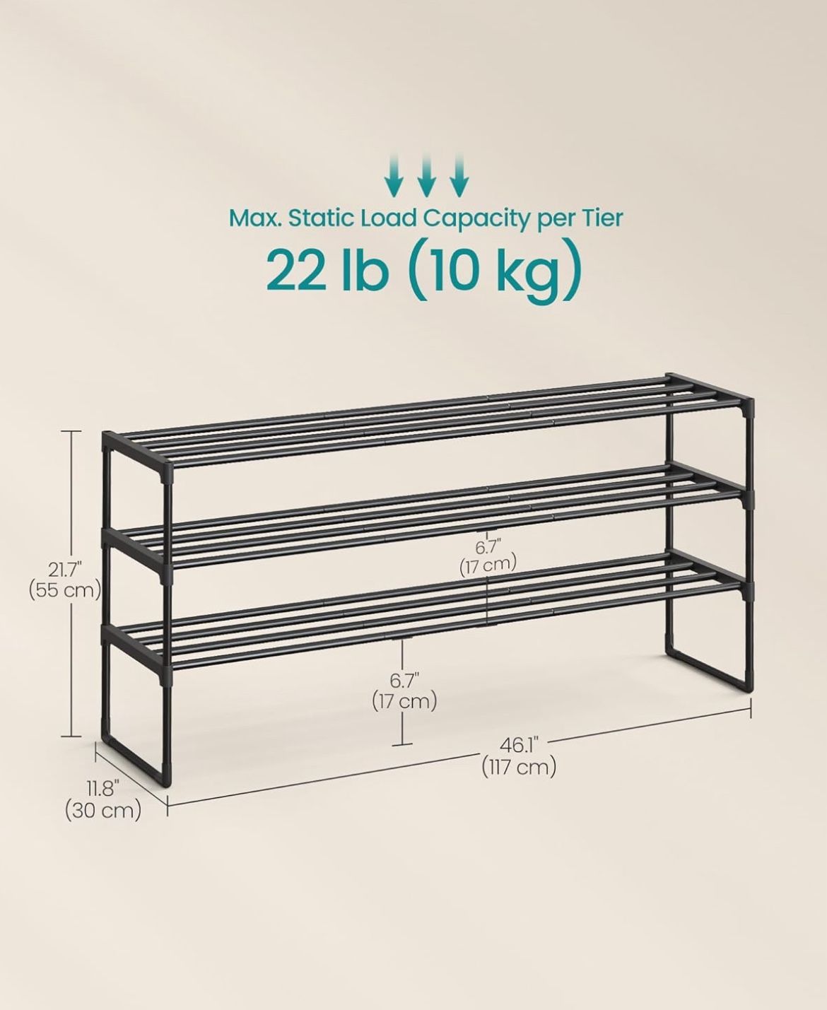 SONGMICS Shoe Rack 3-Tier Shoe Organizer Metal Storage Shelf - Black