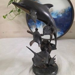 SPI Dolphin Sculpture Brass Gallery San Francisco Sea Turtle & Ray Marble Base.