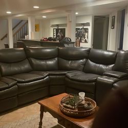 Leather Sectional Couch w/ Three Recliners, USB Hookup