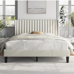 Queen Bed Frame Upholstered Platform Bed with Fabric Headboard, Wing Edge Design/Non-Slip and Noise-Free/Wooden Slats Support/No Box Spring Needed/Eas