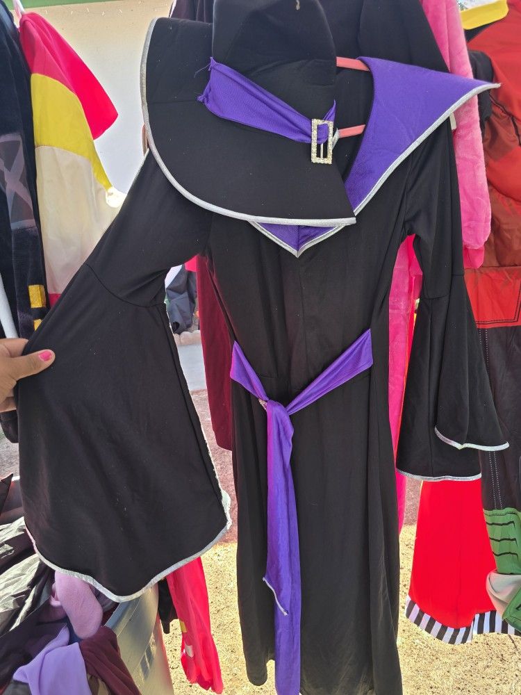Witch  Black Purple Adult Costume Dress With Hat Halloween Sz M/L