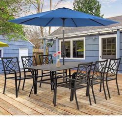 7 Piece Outdoor Dining Furniture Set Patio Dining Set, Metal Table and Chairs Sets (6 Wrought Iron Dining Chairs and 1 Rectangular Steel Slat Table wi