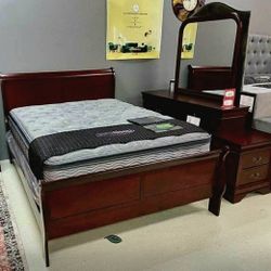 Brown-Cherry Sleigh Bedroom Set/ Dresser,bed, Mirror,night Stand// Delivery Available 