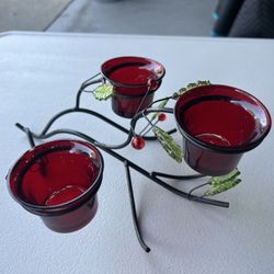 Candle Holder Metal & Glass Holly Berry 3 Votive Candle Holder/Sculpture