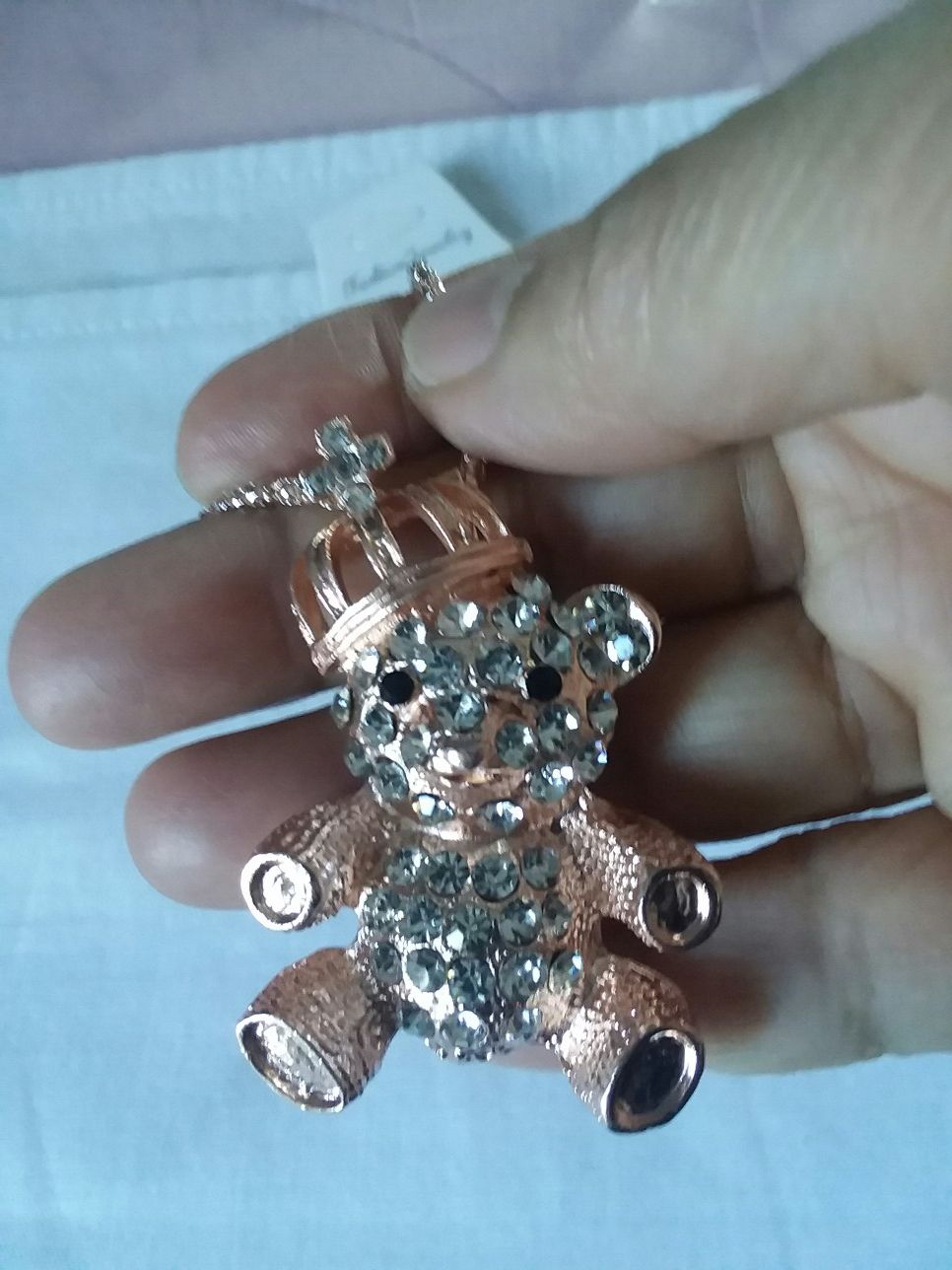 Beautiful TEDDY BEAR Necklace with Crystals on a Long Gold Color Chain.