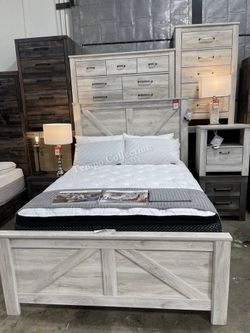 BED FRAME QUEEN SIZE, WHITEWASH, PANEL BED - [NEW]