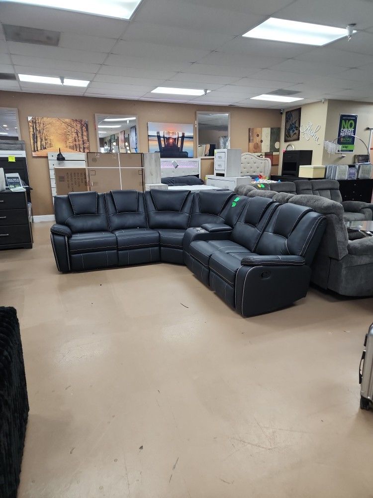 Black Reclining Leather Sectional 3 Recliners